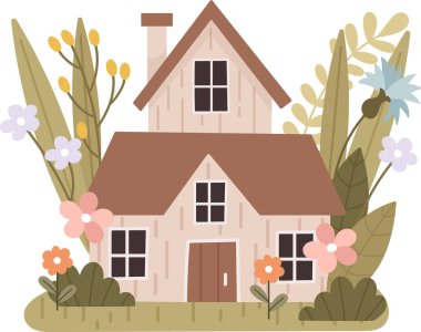 Çiçek Vektörü İllüstrasyonlu Bahar Evi
