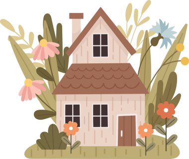 Çiçek Vektörü İllüstrasyonlu Bahar Evi