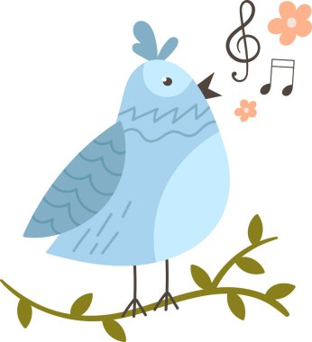 Dal Üzerinde Şarkı Söyleyen Kuş Vektör İllüstrasyonu