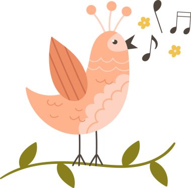 Dal Üzerinde Şarkı Söyleyen Kuş Vektör İllüstrasyonu
