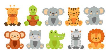 Beyaz arka planda karikatürlerdeki şirin Afrikalı bebek karakterler. Zürafa, kaplumbağa, koala, kaplan, fil, maymun, su aygırı, timsah, zebra, aslan vektör çizimi