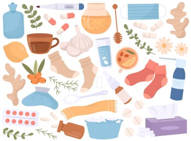 Soğuk algınlığı hastalığı, ateş, viral enfeksiyon ya da grip ilaçları ve beyaza izole edilmiş ev tedavisi için gerekli şeyler. İlaç, sıcak çay içeceği, sıcak çoraplar, peçeteler, damlalar ve hap illüstrasyonu