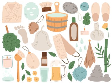 Sauna aksesuarları ve hamam malzemeleri spa merkezi rahatlama, sağlık ve cilt bakımı illüstrasyonu için izole edilmiş karikatür seti. Banyo malzemeleri, tedavi ve dinlenme araçları düz tasarım elementleri