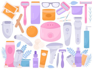 Vücut kılı temizleme aletleri güzellik salonu ve ev prosedürü için kozmetik malzemeleri. Ağda, şekerleme, elektro, lazer epilasyon, tüy dökümü, fotoepilasyon uygulaması illüstrasyon