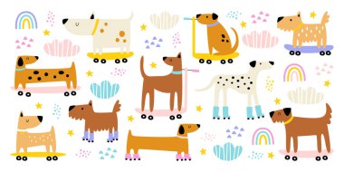 Mutlu şirin köpek karakterleri beyaz kaykay ve kaykay sürüyorlar. Neşeli evcil hayvanlar paten kayıyor ve kaykay kayıyor. Yaz etkinliği illüstrasyonunun keyfini çıkarıyorlar.