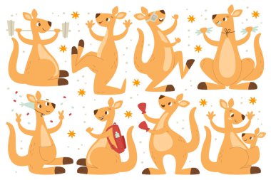 Funny comic kangaroo Australian mammal characters different leisure activates set. Cute happy exotic animal dancing, studying, training with dumbbells, boxing, eating, loving baby vector illustration clipart