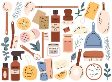 Çevre dostu organik temizlik ürünleri ev eşyaları ve deterjanlar beyaza izole edilmiş. Sıfır atık ekolojik ev ekipmanı ve aksesuar vektör illüstrasyonu