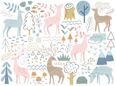 Elle çizilmiş geyik, geyik, geyik, yürüyen geyik, ormanda otlayan orman karakteri. Vahşi boynuzlu hayvanlar ve ağaç bitkileriyle stilize edilmiş sanatsal desen, dağlar manzara elementi çizimi.
