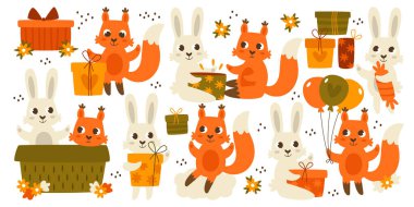 Tavşanlar ve sincaplar bebek hayvan çizgi film karakterleri ellerinde hediye paketleri şeker ve balonlar mevcut sepet vektör illüstrasyonunda oturuyorlar. Tebrik kartı tasarım ögesi ayarlandı