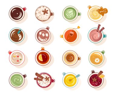 Fincanlarda farklı lezzetli içecekler, kupa vektör çiziminde sıcak çay ve kahve içecekleri. Lezzetli, alkollü sıcak şarap, erimiş çikolata ve taze kapuçino ile izole edilmiş bir set.