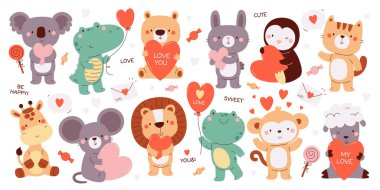 Sevimli hayvan karakterleri kalp taşıyorlar. Romantik duyguları soyutluyorlar. Sevgililer günün kutlu olsun hayranlık ve heyecanla kutlarım. Tebrik kartı tasarım elemanı vektör çizimi