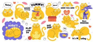 Olumlu duyguları, yüz ifadeleri, mesaj etiketleri ve selamlama mesajı olan komik kedi karalama karakterleri. Şirin kedi yavrusu maskotu gülümsüyor, vektör illüstrasyonuyla oynuyor.