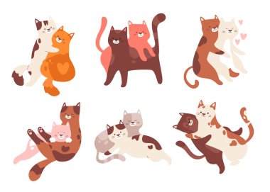 Sevimli kediler birbirini seven bir çift, birbirine sarılan komik kedi yavrusu, beyazda izole edilmiş aşk setine sarılan kedi ailesi. Sevgililer günün kutlu olsun Kawaii evcil hayvan. Romantik duygu vektörü çizimi.