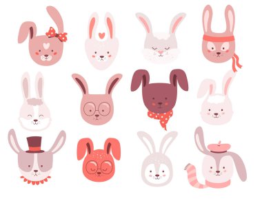 Komik tavşan karakterleri. Sevimli tavşan, tebrik kartı dekorasyonu için dizayn edilmiş tasarım elementleri. Mutlu Paskalya Bayramı maskotu, Kawaii Ormanı karalama hayvanları pozitif tavşan ağızlıkları vektör illüstrasyonları