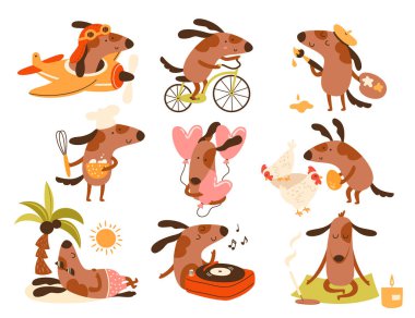 Sevimli mutlu köpek karakterleri seti eğleniyor, hobi aktivitelerinden zevk alıyor, vektör illüstrasyonu oynuyor. Komik bisiklet sürmek, yemek yapmak, güneşlenmek, müzik dinlemek, meditasyon yapmak, uçmak, resim yapmak.