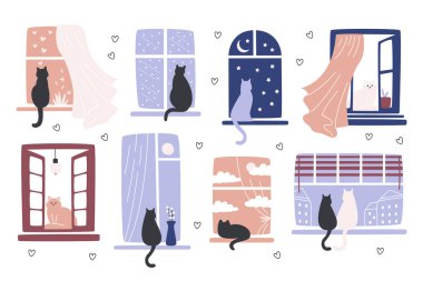 Tatlı pofuduk kedi karakterleri pencere kenarında oturan evcil hayvanlar izole edilmiş vektör çizimlerine bakarlar. Güzel kedi yavrusu apartmanın içinde şehir manzarası koleksiyonunun keyfini çıkarıyor.