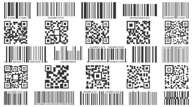 Mobil uygulama için QR tarama barkodu izole edildi, çevrimiçi kablosuz hızlı ödeme, akıllı telefon etiketli vektör çizimi. Qrcode etiketi, tanımlama için dijital düğme şablonu, doğrulama, bağlantıyı takip et