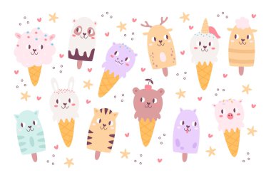 Hayvan şeklinde dondurma koleksiyonu ve mutlu komik kawaii gülümseyen yüzler vektör illüstrasyonu. Çocuklar için tatlı atıştırmalıklar, soğuk şekerli tatlı bastırmak için güler yüzlü ağızlık, çıkartmalar.