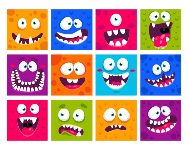 Renkli karikatür kare canavar korkunç maskeli ürkütücü ağızlı ve göz vektör resimli. Komik, sevimli uzaylı yaratıklar farklı komik ifadeli, gülen ve çığlık atan avatarlar.