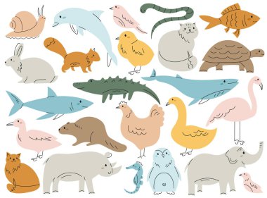 Şirin renkli vahşi orman, hayvanat bahçesi, su altı veya çiftlik hayvanları ve kuşlar el çizimi vektör çizimleri. Karalama doğa yerleşimcisi, vahşi yaşam hayvan temsilcileri beyaz üzerine izole edilmiş.
