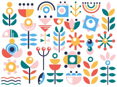 Çiçek bitkileri ve botanik şekilli soyut geometrik desen tasarımı vektör illüstrasyonunu belirler. Yapraklar, böğürtlenler ve çiçek desenli doğal organik ekolojik süsler.