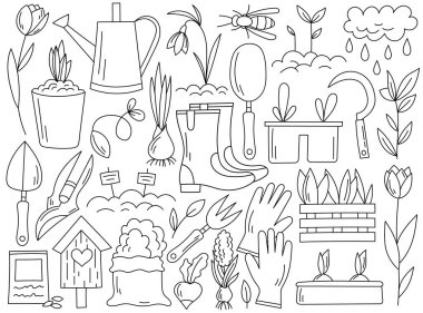 Bahçe aletleri, ünlü ekipmanlar, toprak torbası, büyüyen bahçıvanlık bitkileri ve çiçek boyama seti. Doğal ekolojik ürünler için sanatsal araçlar vektör illüstrasyonunu destekliyor