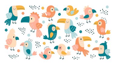 Çekici egzotik kuşlar, çocuksu renkli papağanlar ve Tukanların cenneti vahşi yaşam yerleşimcisi vektör çizimi. Tropikal sevimli animasyon karakterleri uçuyor, mırıldanıyor ve oturuyor.