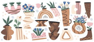 İskandinav tarzı vektör illüstrasyonunda çiçek buketli soyut dekoratif çömlek vazoları. Yaratıcı ve zarif seramik sürahi içinde güzel çiçeklerin toplanması doğal sanat dekoru için.