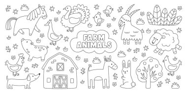 Çiftlik hayvanları karakterleri şirin boyama kitabı sayfası. Küçük çocukların eğitimi için özet evcil hayvanlarla birlikte. At, domuz, ördek, kaz, tavşan, köpek, tavuk ve tavuk, horoz, keçi, koyun, hindi vektör çizimi