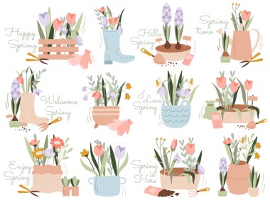 Bahar zamanı balkon bahçe aletleri ve ekipmanları, iç ve dış dekorasyon için çiçek eko kompozisyonu vektör çizimi. Lastik çizme, sepet veya vazoda büyüyen çiçek ve dallar