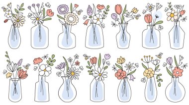 Cam kavanoz, vazo ya da şişe içinde çiçek açan tarla ve bahçe el çizimi çizgi tasarımı vektör illüstrasyonları. Beyaz arka planda izole edilmiş konforlu daire dekorasyonu