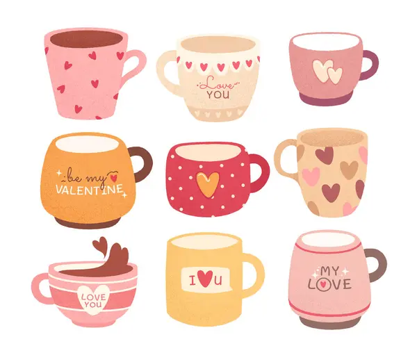 Día San Valentín Febrero Vacaciones Invierno Tazas Café Festivos Tazas — Vector de stock