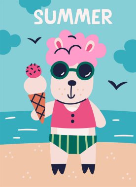 Yaz Serin Koyun Kartpostal Vektörü İllüstrasyonu