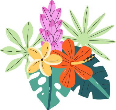 Tropikal Egzotik Çiçekler Buket Vektörü İllüstrasyonu