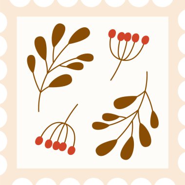 Sonbahar Yaprakları ve Böğürtlen Vektör Resimleriyle Posta Damgası