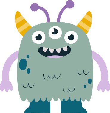 Boynuz Vektörü İllüstrasyonlu Çocuksu Sevimli Canavar