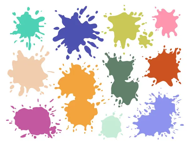 Farklı renkte boya sıçraması izole edildi. Çizgi film renkli mürekkep lekesi koleksiyonu. Fırça izi görsel düz vektör illüstrasyonunu karıştır. Beyaz arkaplanda dekoratif sanatsal sıçrama damlası
