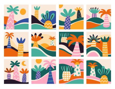 Soyut tropikal palmiye ağaçları egzotik doğa sahili şekilli izole seyahat seti dizayn ederler. Yazlık poster kağıdı için doğal arka planı olan grafiksel baskılar. Tatil vektör illüstrasyonu