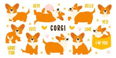 Cana yakın gülüşü ve olumlu duygusal çıkartması olan komik bir çizgi film karakteri. Kawaii köpek maskotu koleksiyonu, kutuda oturuyor, ağız vektörü çiziminde kemikle yürüyor.