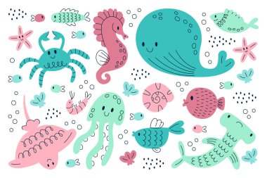 Çocukça deniz okyanusu sualtı dünyası sakinleri vektör illüstrasyonu. Deniz balığı ve hayvanlar soyut dizayn setini basarlar. çekiç başlı balıklar, deniz atı, kabuk, mürekkep balığı, yengeç, iğneli vektör çizimi