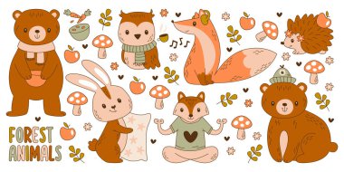 Tatlı, çocuksu orman hayvanları. Karakterler, vektör çizimleri. Küçük bebek sonbahar ormanı. Mantarlı, elmalı, yapraklı, sonbahar sakini. Ayı, tilki, rakun, tavşan, kirpi, baykuş maskotu