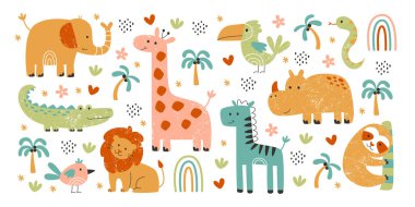 Şirin Afrika safari hayvanları, amfibiler ve grunge etkisi olan kuş karakterleri beyaz arka planda izole edilmiş vektör çizimleri. Afrika 'nın tropik vahşi ormanı, hayvanat bahçesi sakini.