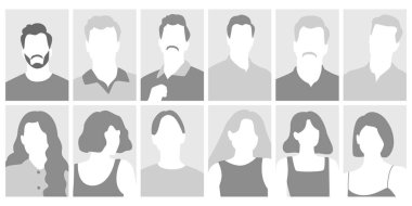 Çeşitli insanlar, kimliği belirsiz kadın ve erkek siluetleri olan avatar profil portreleri çiziyor. Gri renkli vektör resimli erkek ve kadın kullanıcı vesikalığı koleksiyonu. Topluluk çeşitliliği