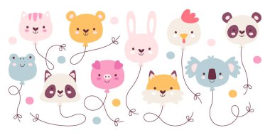 Beyaz arka planda izole edilmiş sevimli gülen hayvan yüzleri şeklinde güzel balonlar. Çocuk için karikatür uçan balon sürpriz parti dekorasyonu olay vektör illüstrasyonu