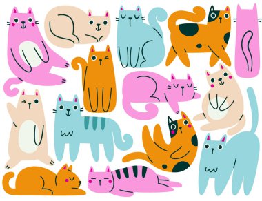 Playful adorable fluffy cats childish characters together showing different emotions and reaction. Cute kitten pet domestic animal doodle art hand drawn design. Feline mascot vector illustration clipart