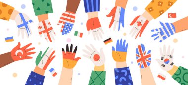 Human hands with different drawn national flags on palms handprints vector illustration. Patriotism, independence, equal opportunity, intentional community and friendship celebration background clipart