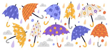 Yağmur mevsimi için farklı renkte desenli şirin şemsiye koleksiyonu. Yağmur altında yürümek için geometrik ve çiçekli yaratıcı tasarım vektörü illüstrasyonuyla şemsiye aksesuarı