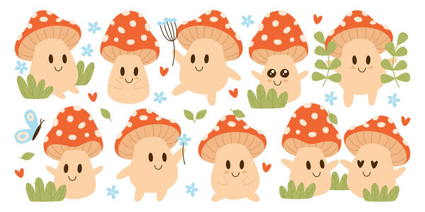 Cute cartoon fly agaric mascot mushroom characters with different positive emotions set isolated on white background. Groovy uneatable red dotted fungus groovy natural emoticons vector illustration