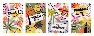 Merhaba yaz tatili posterleri. El çizimi grunge çizilmiş fırça darbesi tasarımı. Deniz aşırı dinlenme, tropikal tatil beldesi etkinliği ve turizm reklam şablonları vektör illüstrasyonları