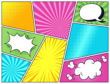 Popart tasarımlı çizgi roman sayfası şablonları ve farklı şekillerdeki konuşma baloncukları diyalog çerçeveleri. Komik yaratıcı dinamik kompozisyon, dekoratif kapak ve defter çizimi vektör illüstrasyonu